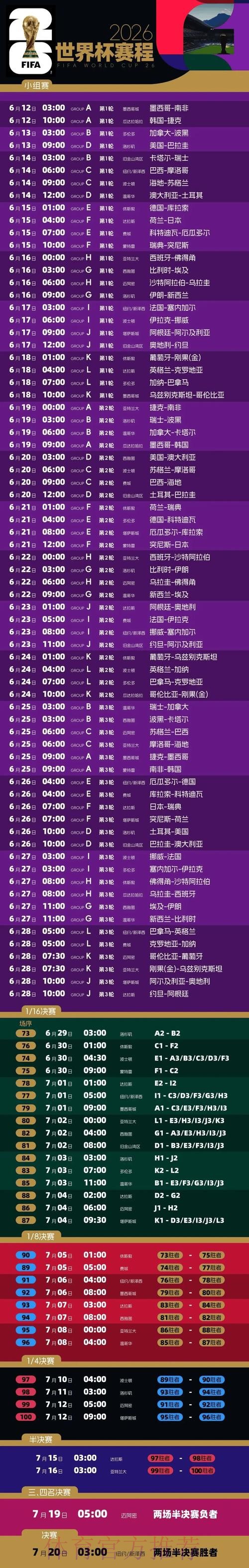 2026世界杯每日赛程高清版实时赛程直播平台